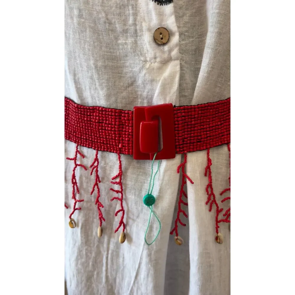 Antica Sartoria elastic belt features red glass seed beads a seashell fringe